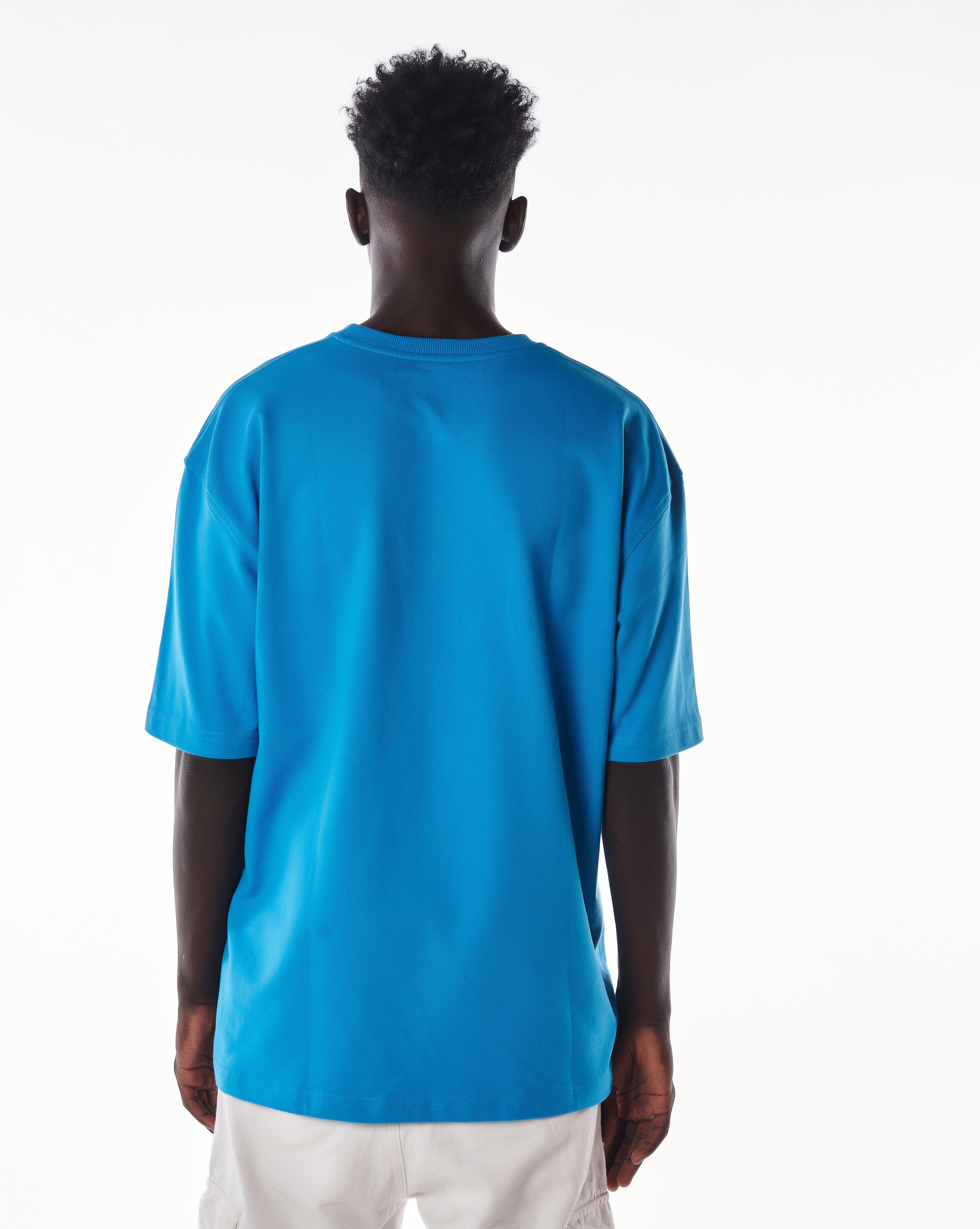 Rückenansicht MOE CHARLIE Night Life T-Shirt in Azure-Blau, cleaner Rücken ohne Print, Oversize Drop-Schulter