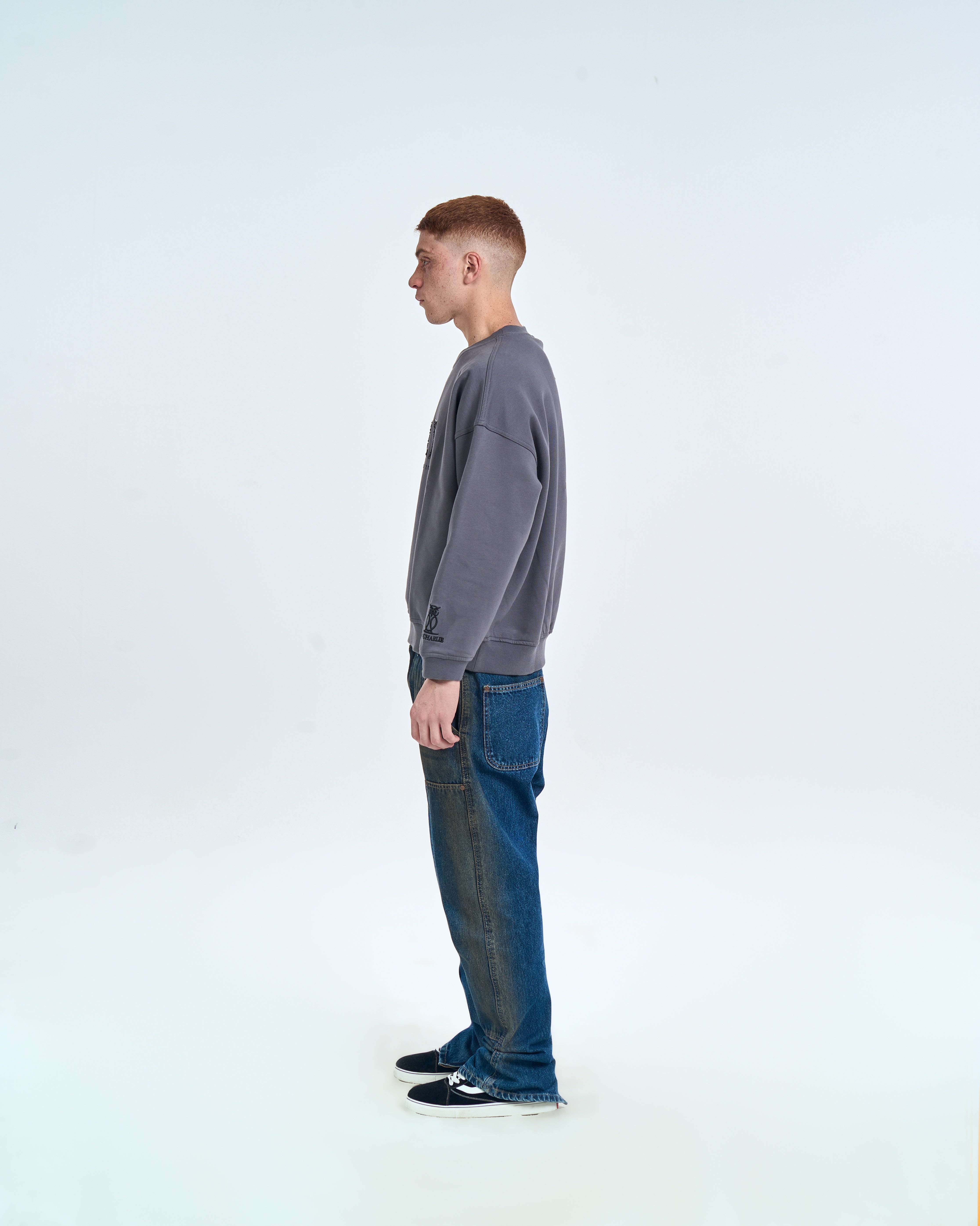 MOE CHARLIE Born in Exile Sweatshirt Grau, linke Seitenansicht männlich, Oversize-Silhouette und baggy Jeans